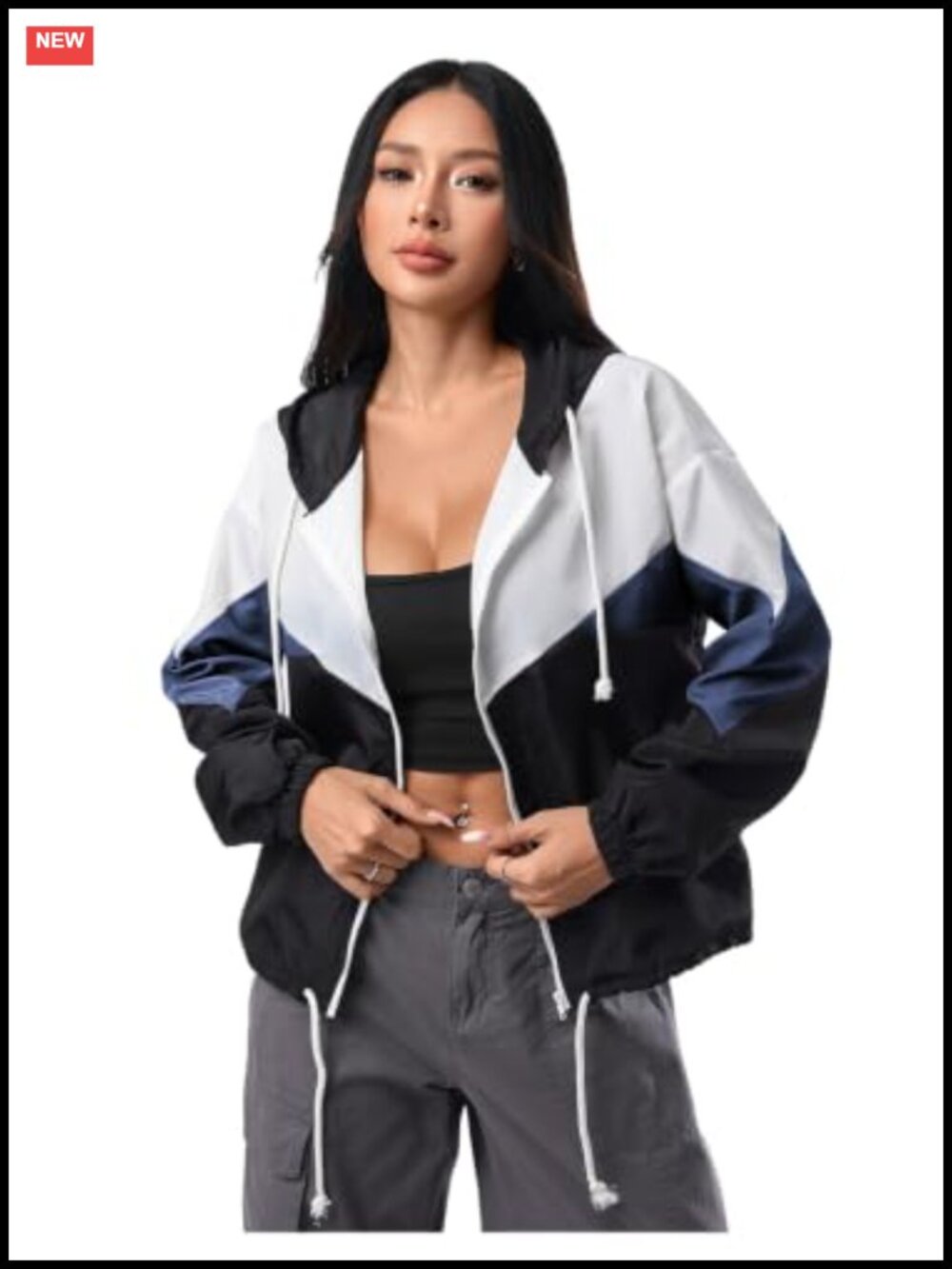 Women's Color Block Hooded Thin Windbreaker Jacket with Pockets